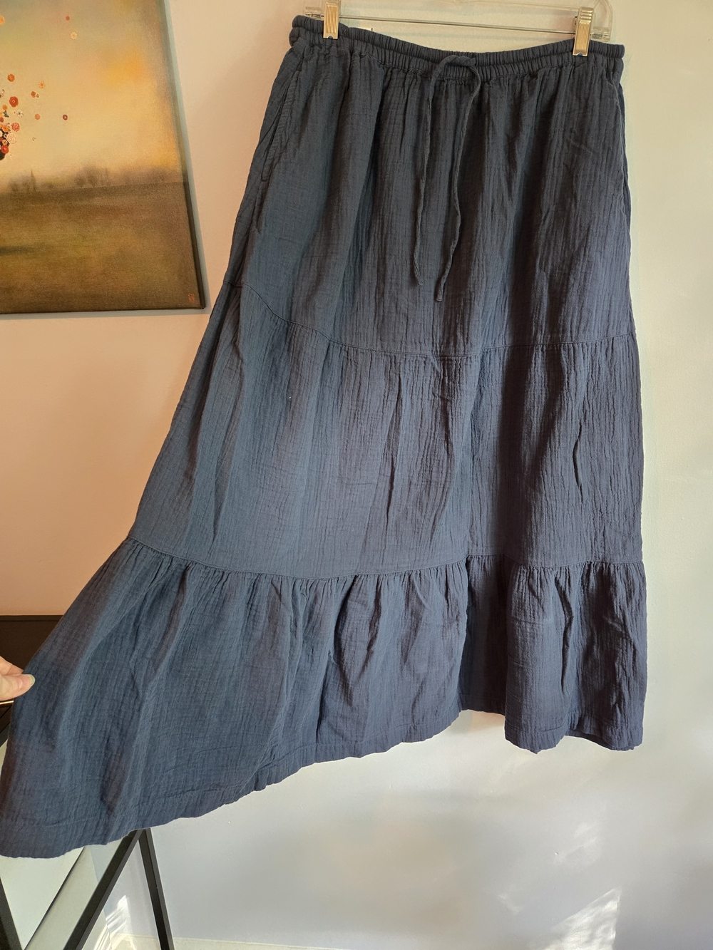 Pact French Navy Tiered Gauze Maxi Skirt Coastal Boho Prairie Organic Cotton LG - Picture 3 of 8